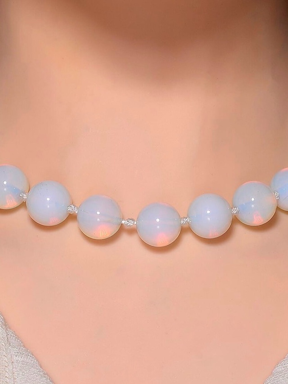 Opalescent White Beaded Necklace - Elegant Women's Jewelry